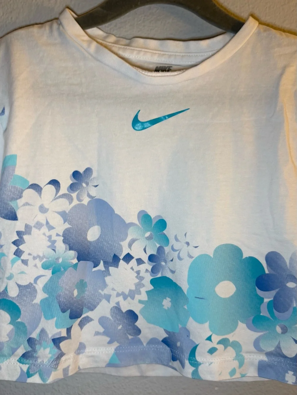 Nike White Crop Tee with Blue Floral Swoosh